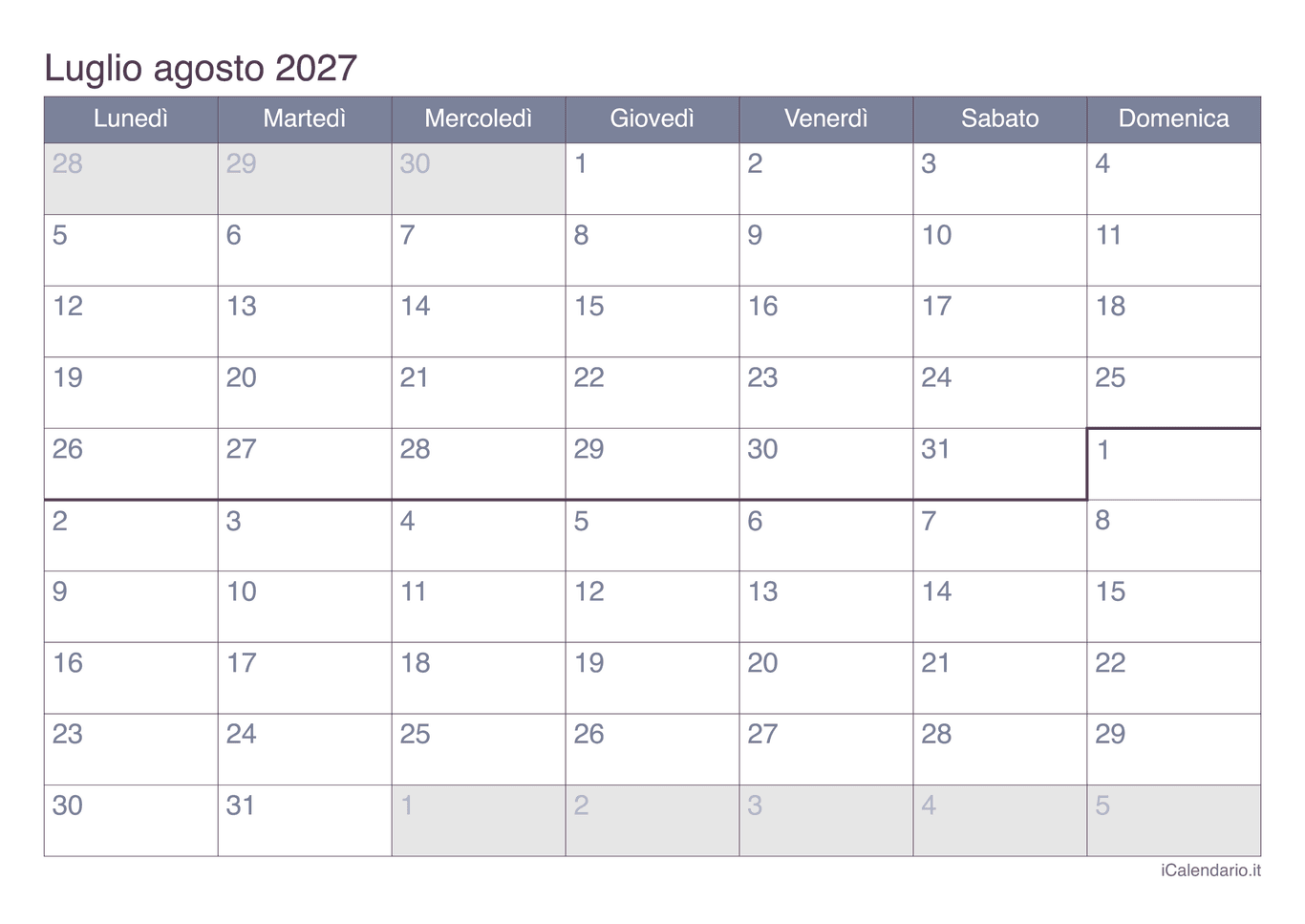 Calendario di luglio agosto 2027 - Office