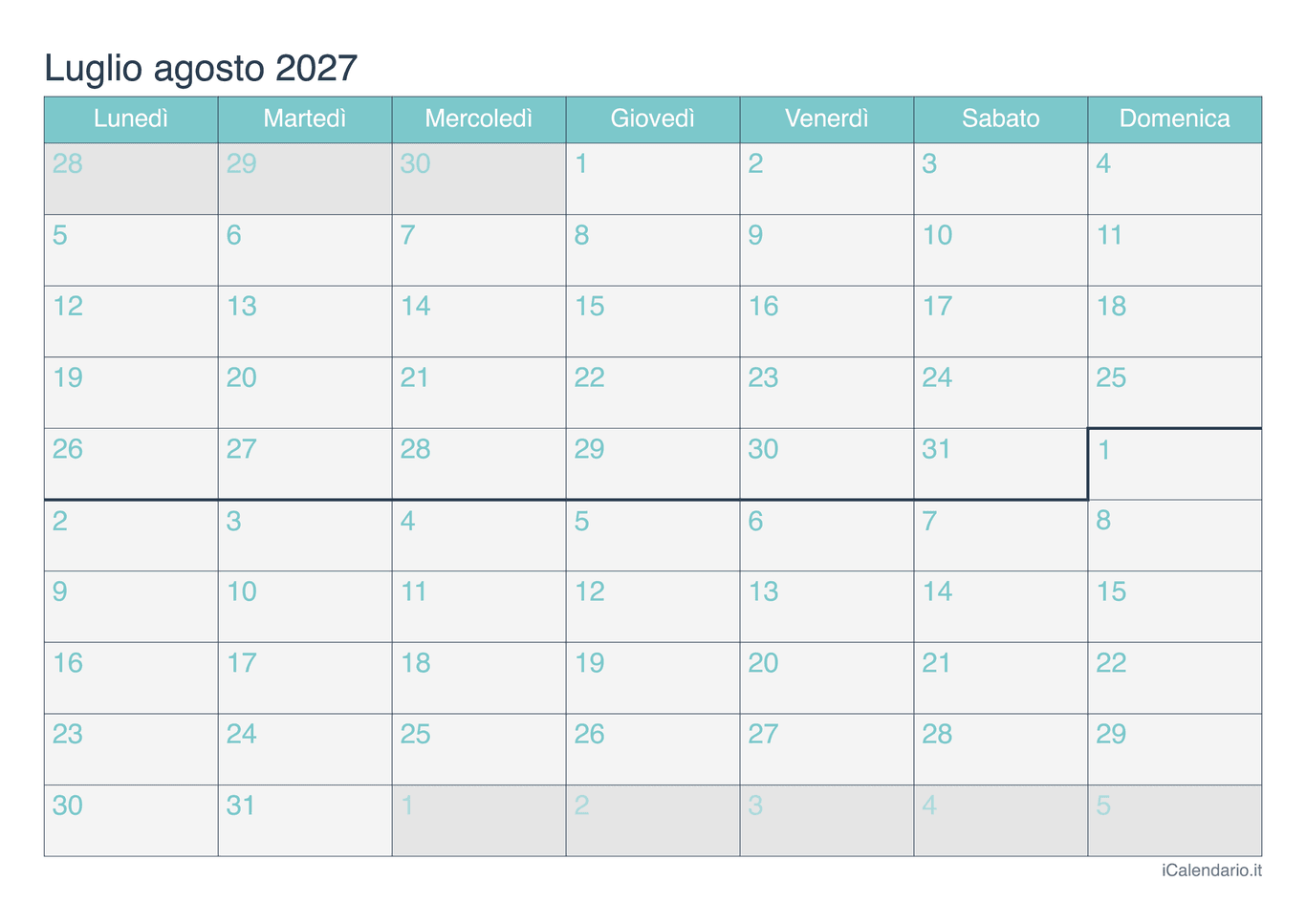 Calendario di luglio agosto 2027 - Turchese
