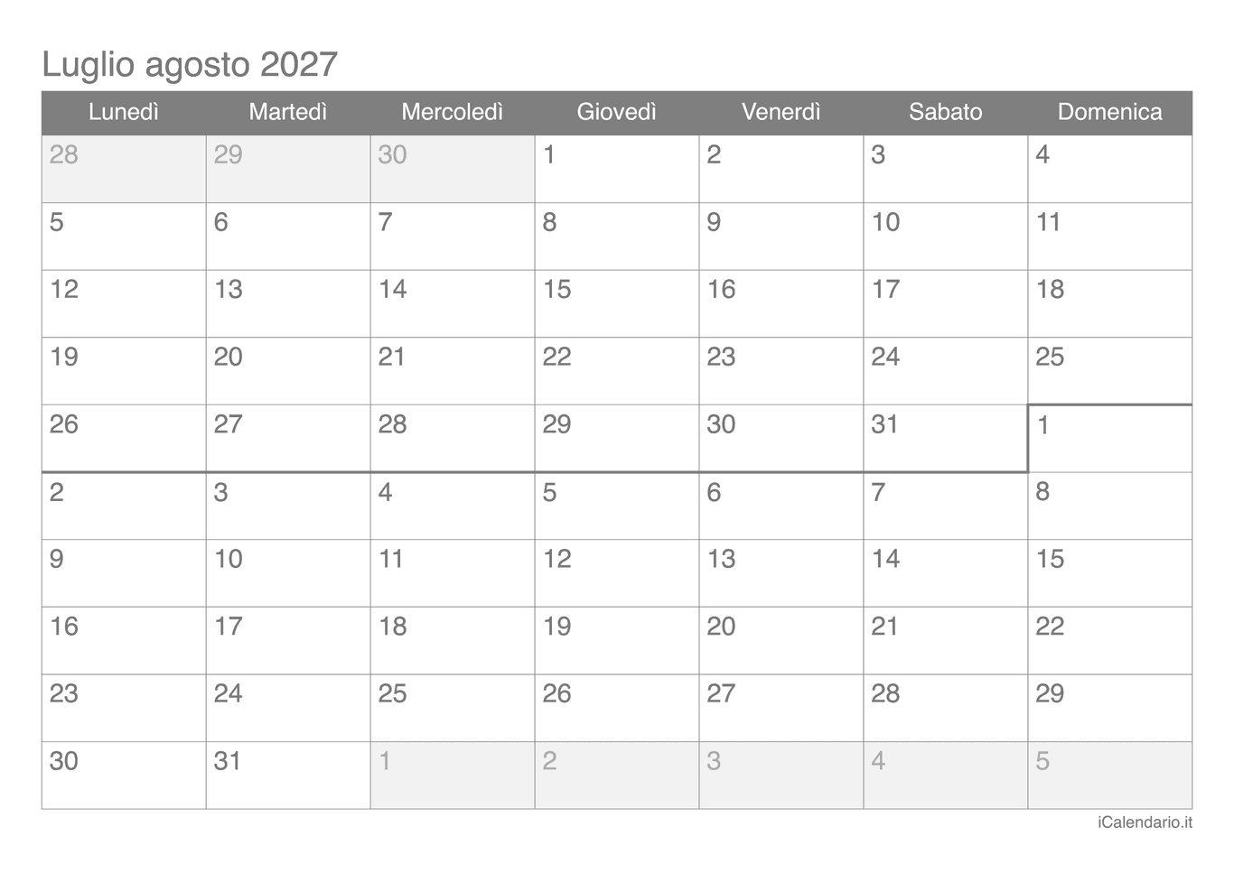 Calendario di luglio agosto 2027