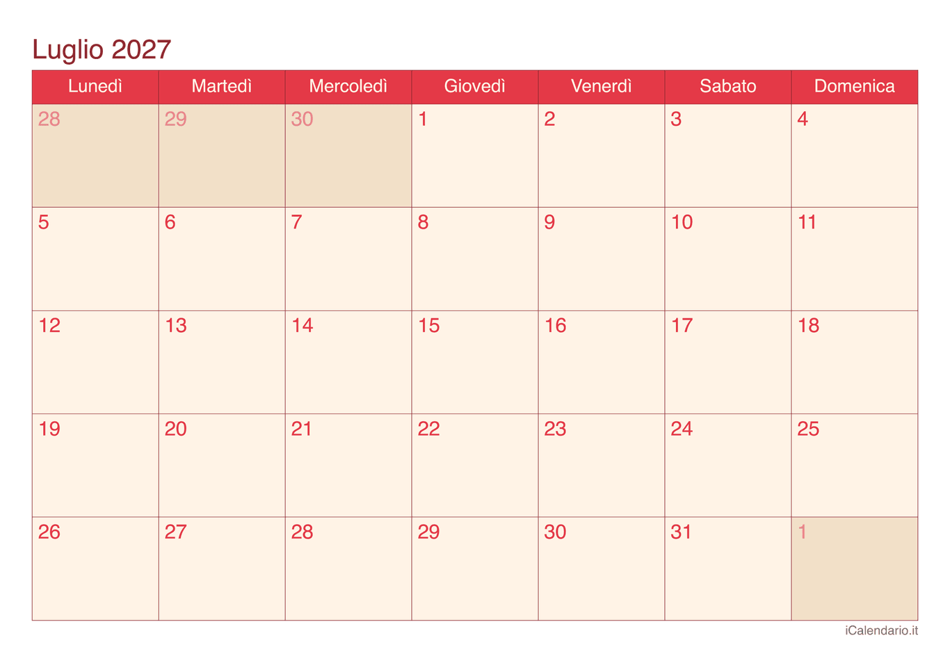 Calendario di luglio 2027 - Cherry