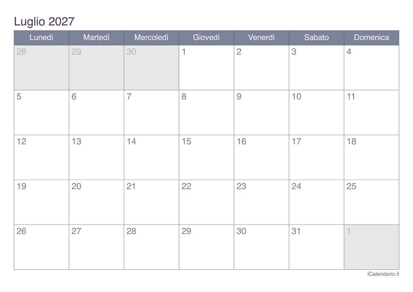 Calendario di luglio 2027 - Office