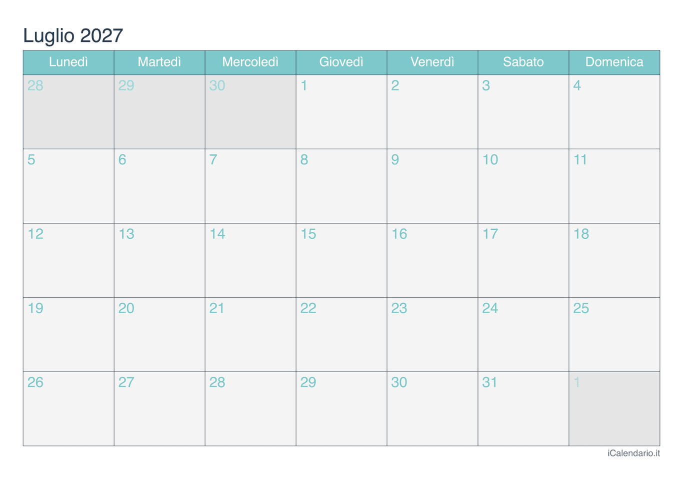 Calendario di luglio 2027 - Turchese