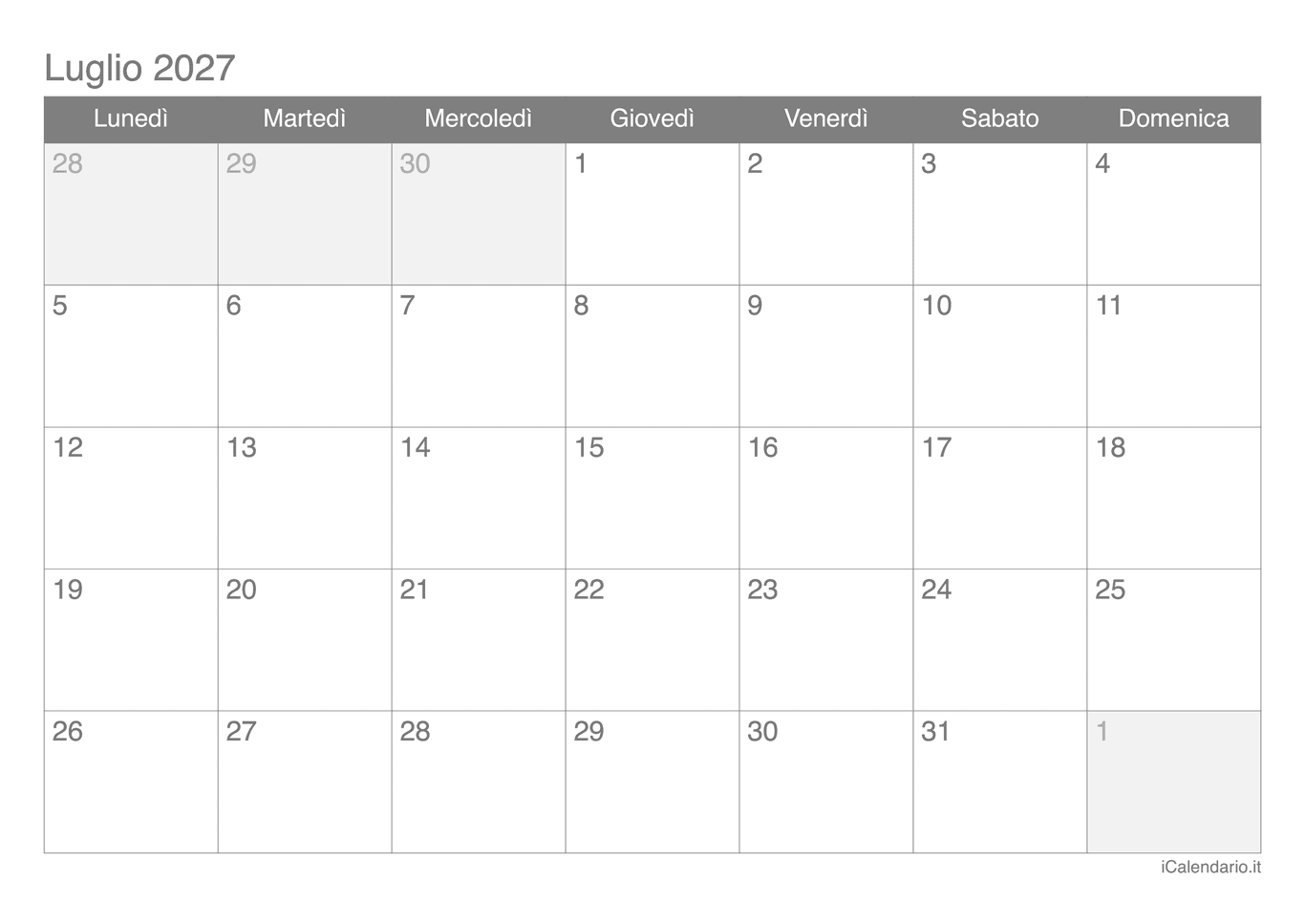 Calendario di luglio 2027
