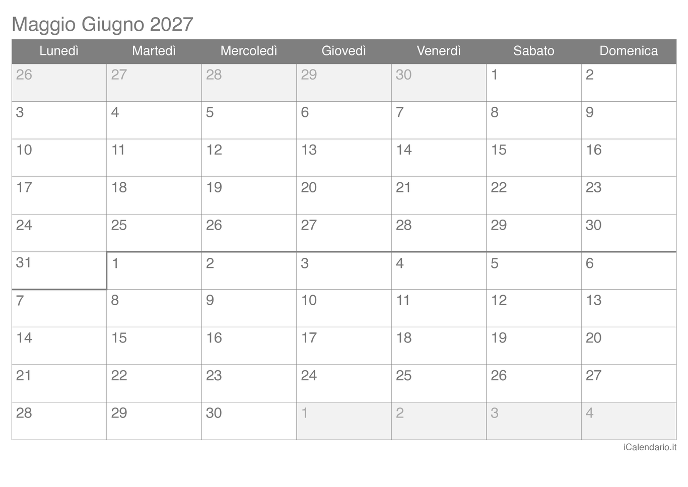 Calendario di maggio giugno 2027