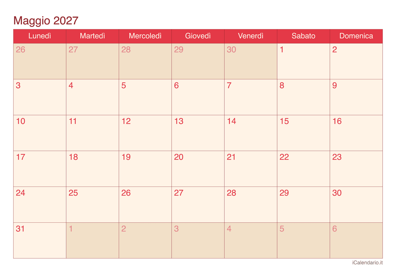 Calendario di maggio 2027 - Cherry