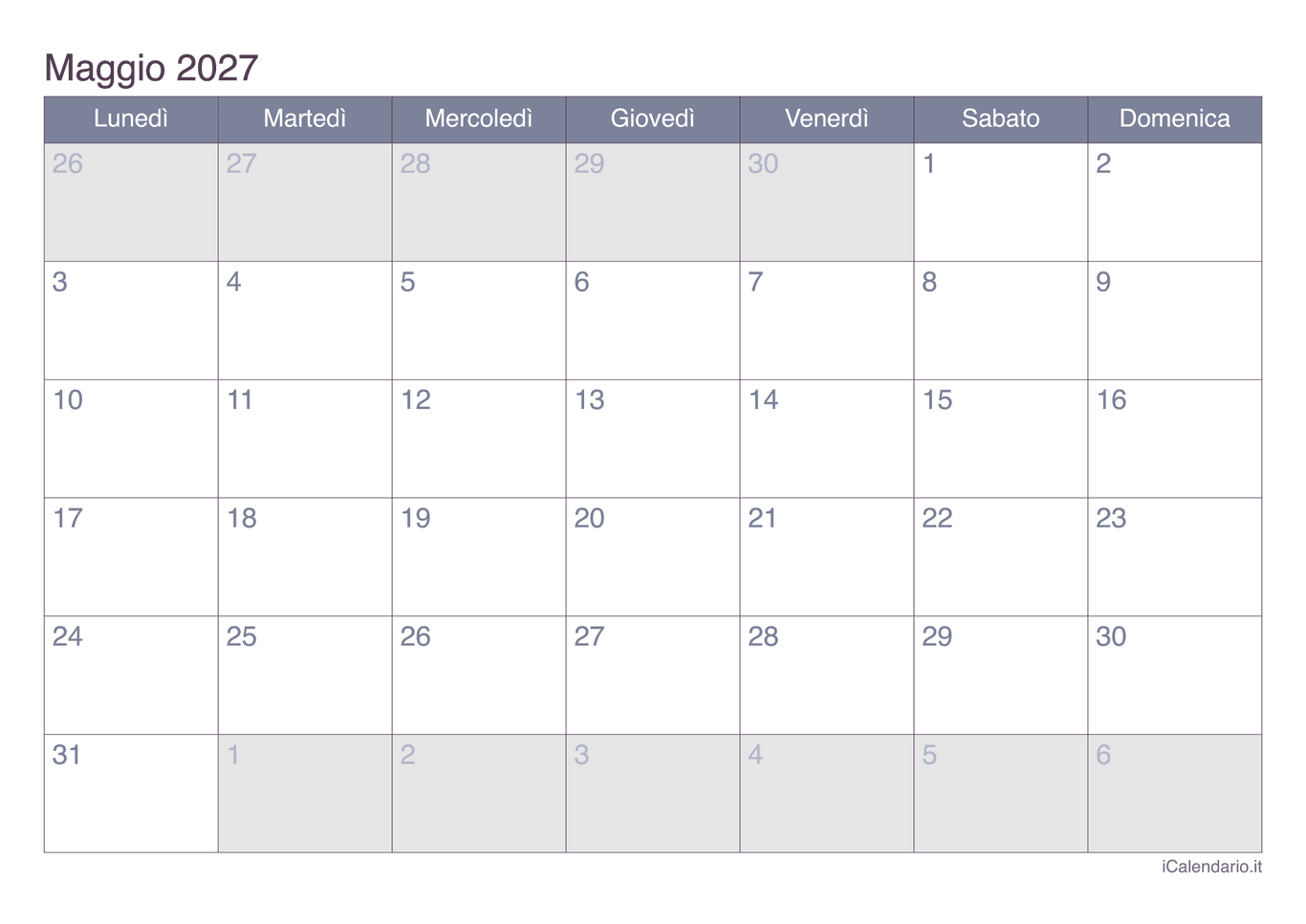 Calendario di maggio 2027 - Office