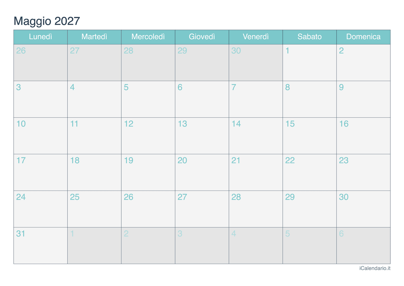 Calendario di maggio 2027 - Turchese
