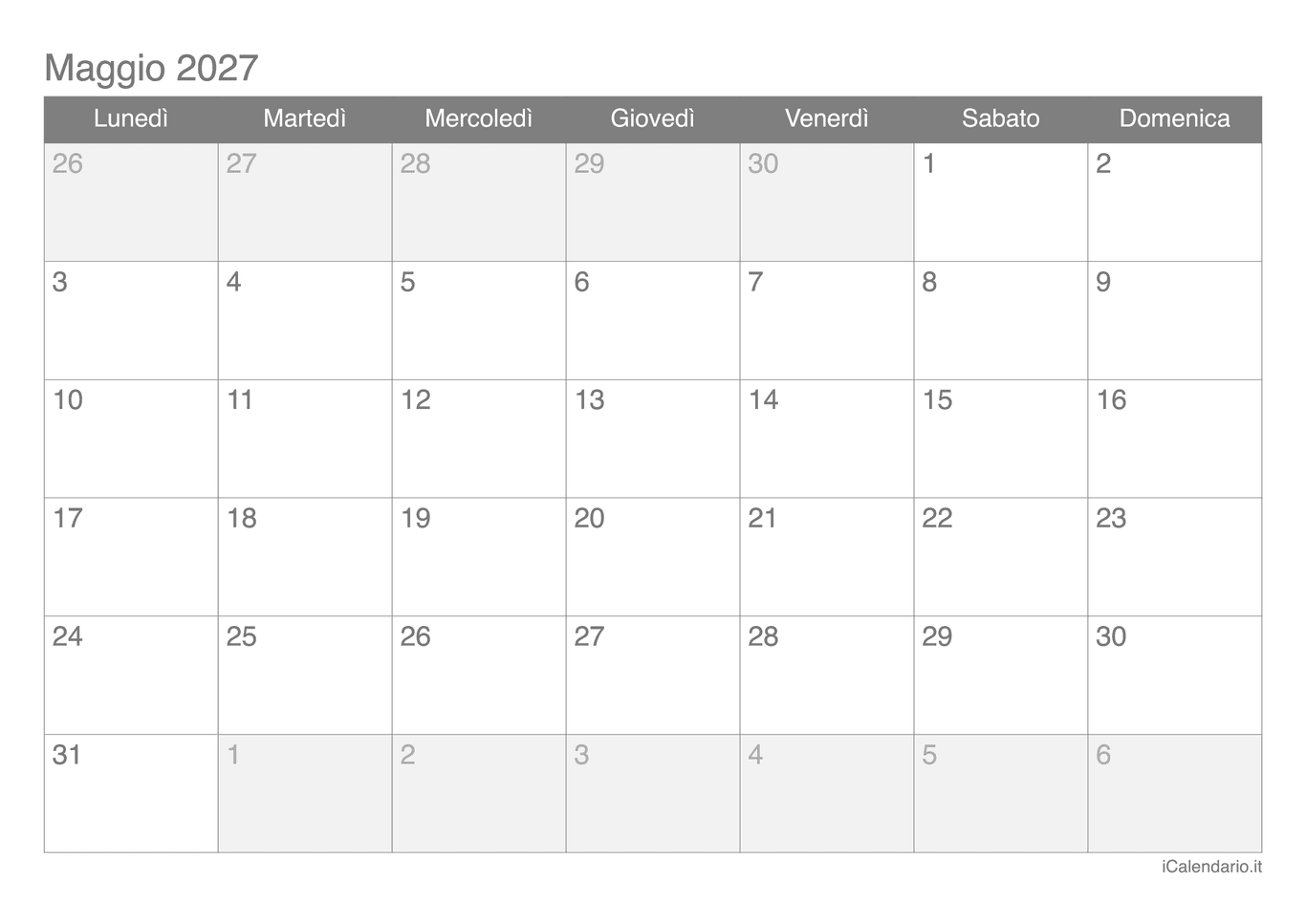Calendario di maggio 2027