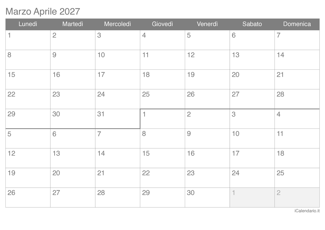 Calendario di marzo aprile 2027