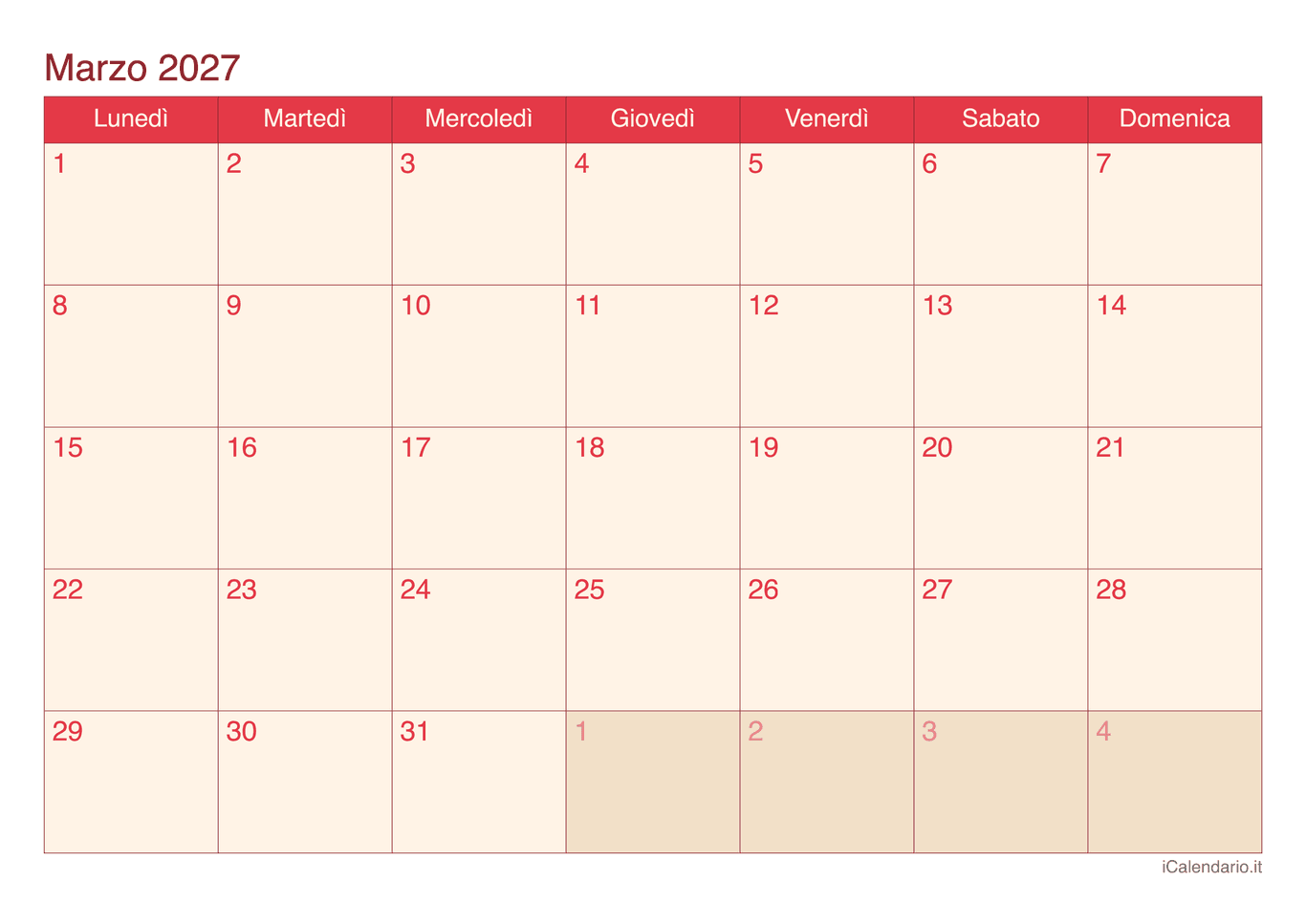 Calendario di marzo 2027 - Cherry