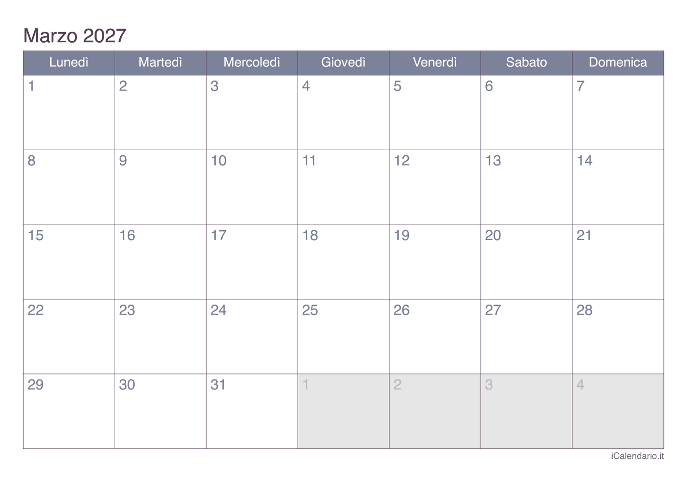 Calendario di marzo 2027 - Office