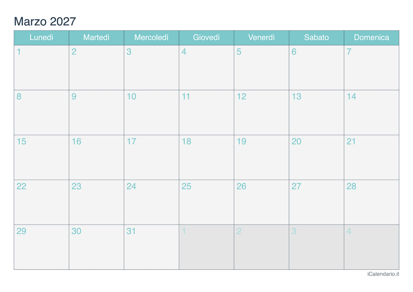 Calendario di marzo 2027 - Turchese