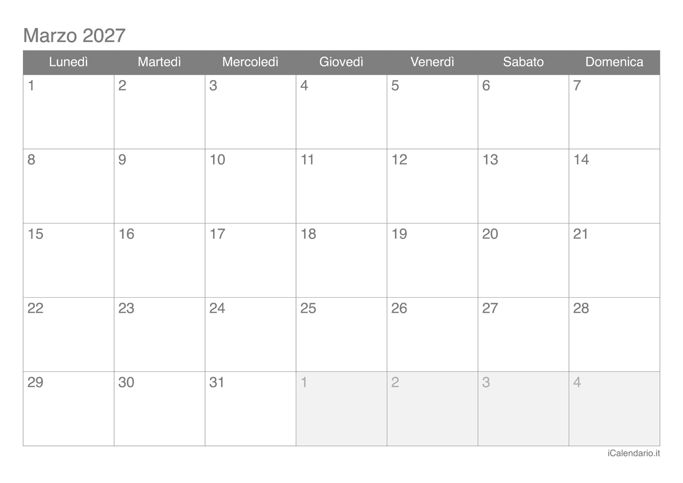 Calendario di marzo 2027
