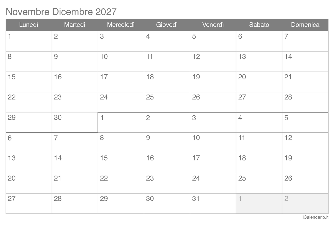 Calendario di novembre dicembre 2027