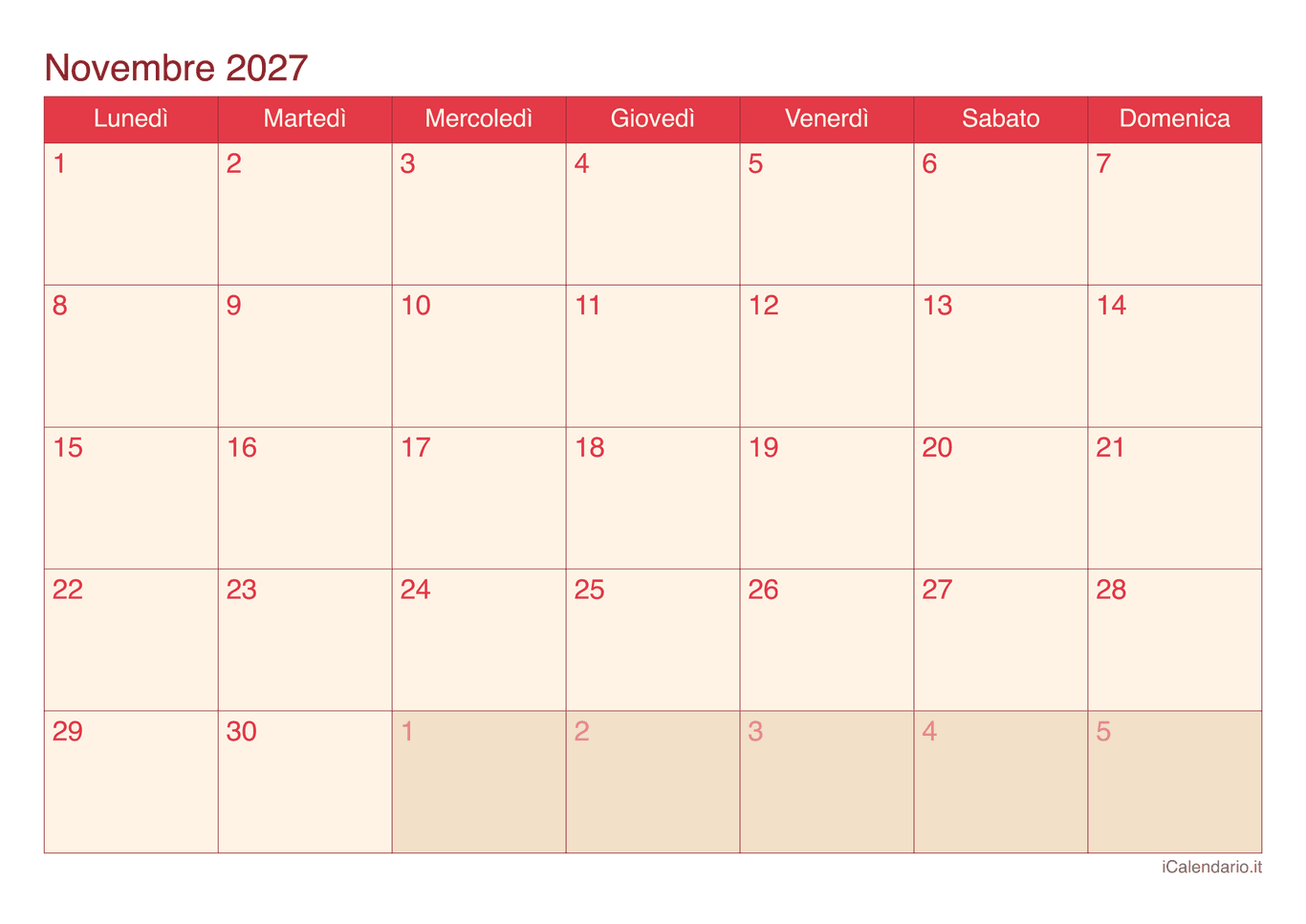 Calendario di novembre 2027 - Cherry