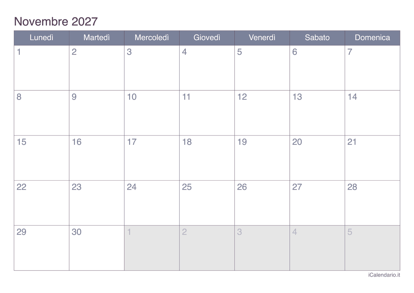 Calendario di novembre 2027 - Office