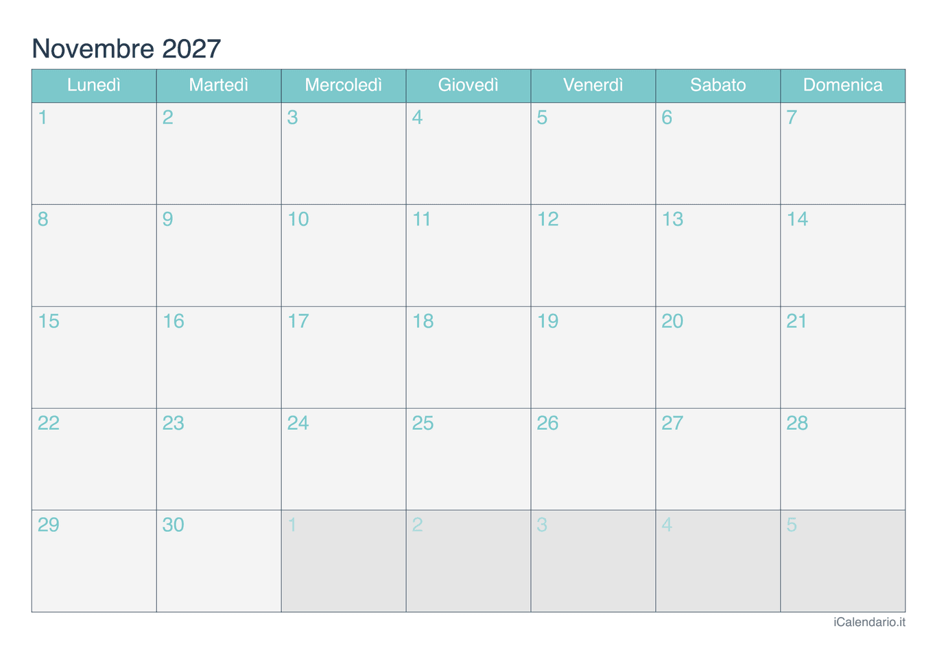 Calendario di novembre 2027 - Turchese