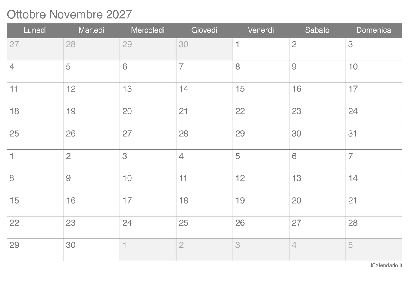 Calendario di ottobre novembre 2027