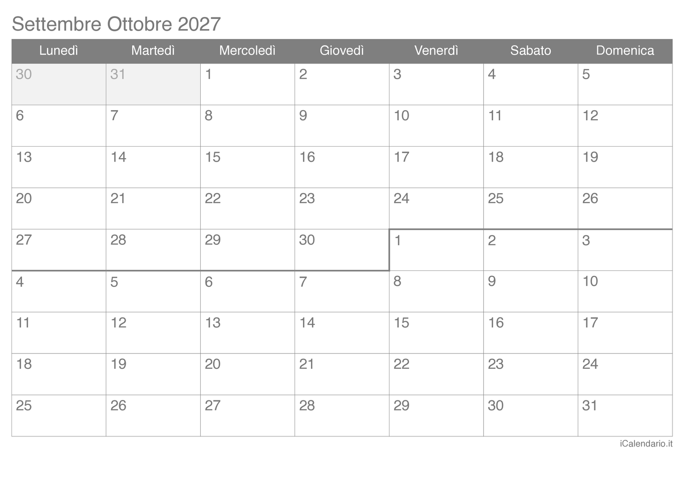 Calendario di settembre ottobre 2027
