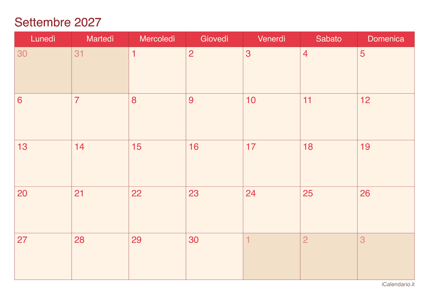Calendario di settembre 2027 - Cherry
