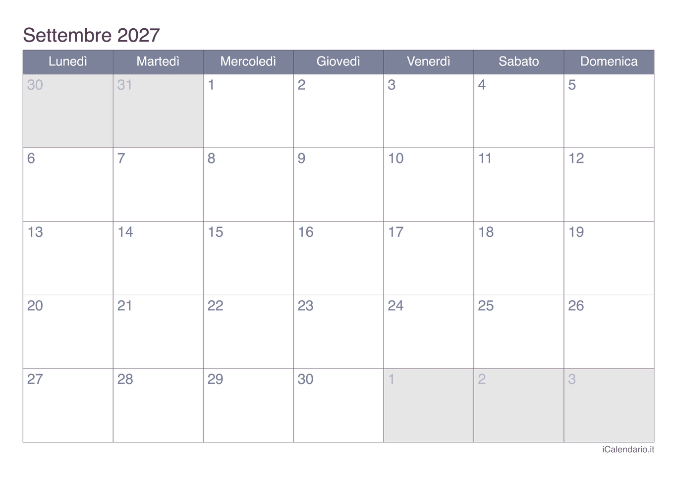 Calendario di settembre 2027 - Office