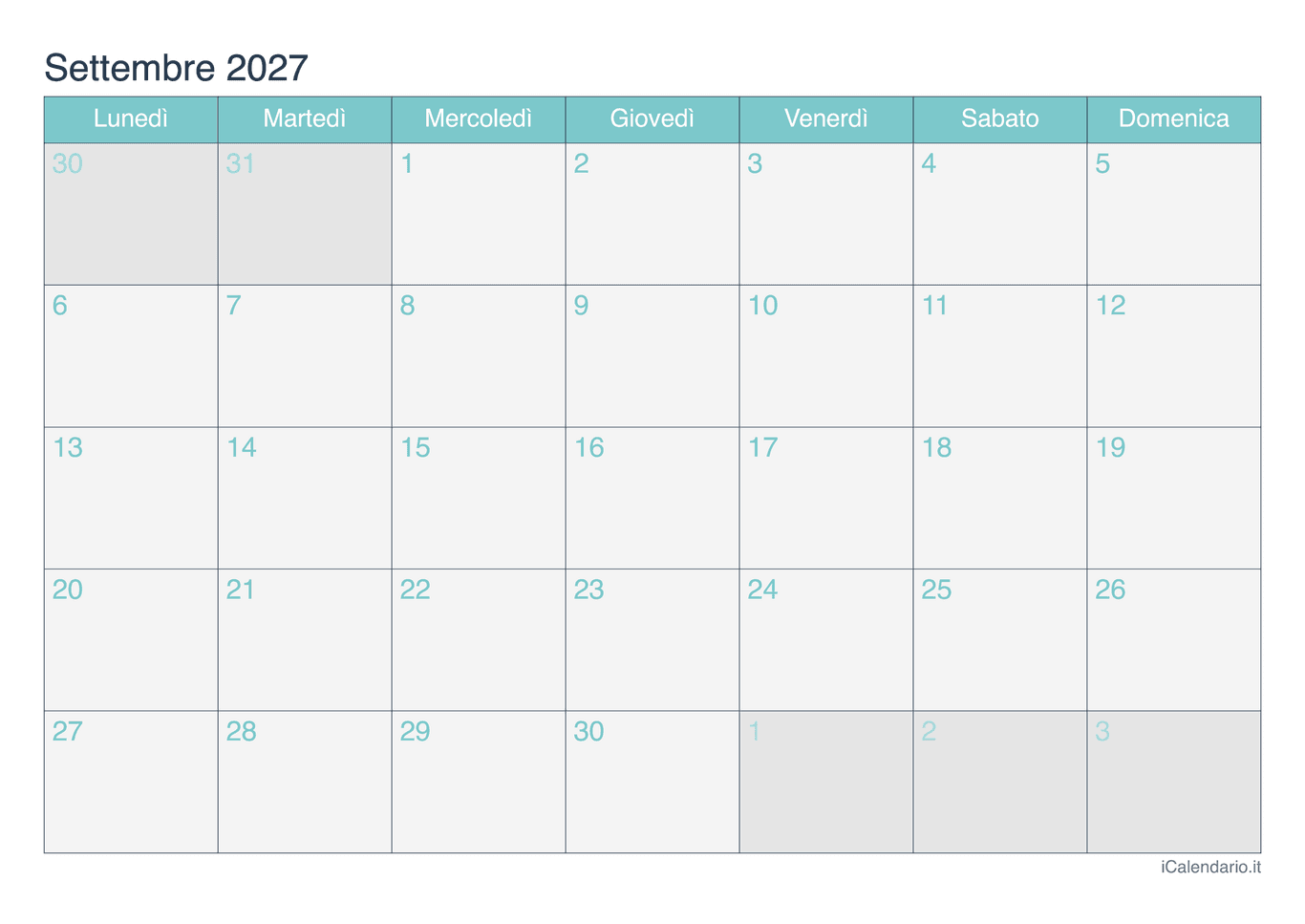 Calendario di settembre 2027 - Turchese