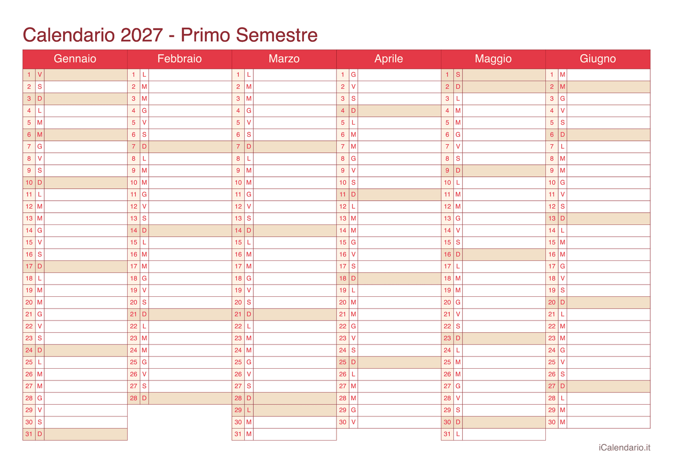 Calendario semestrale 2027 - Cherry