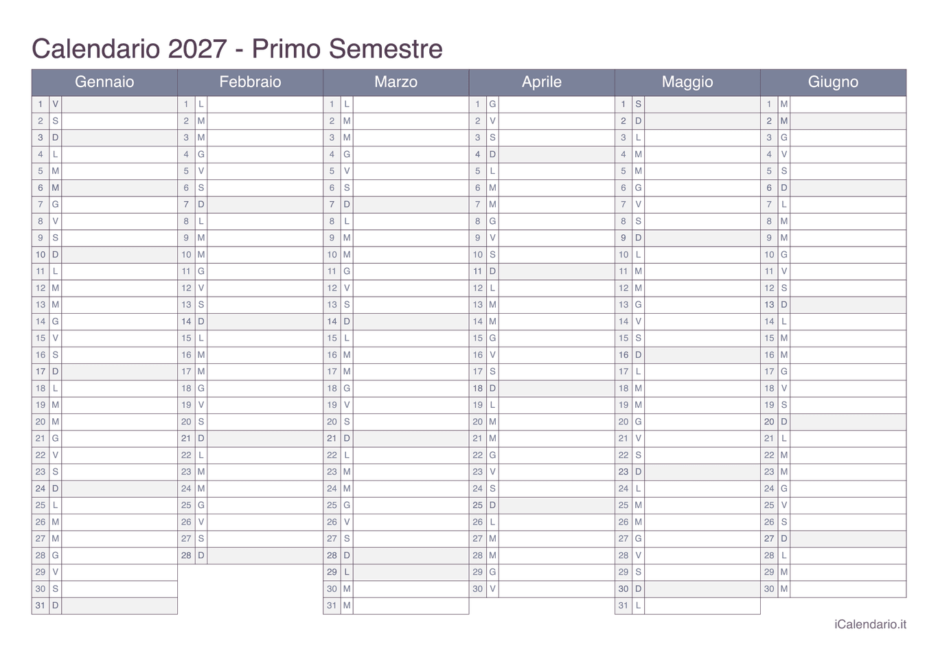 Calendario semestrale 2027 - Office