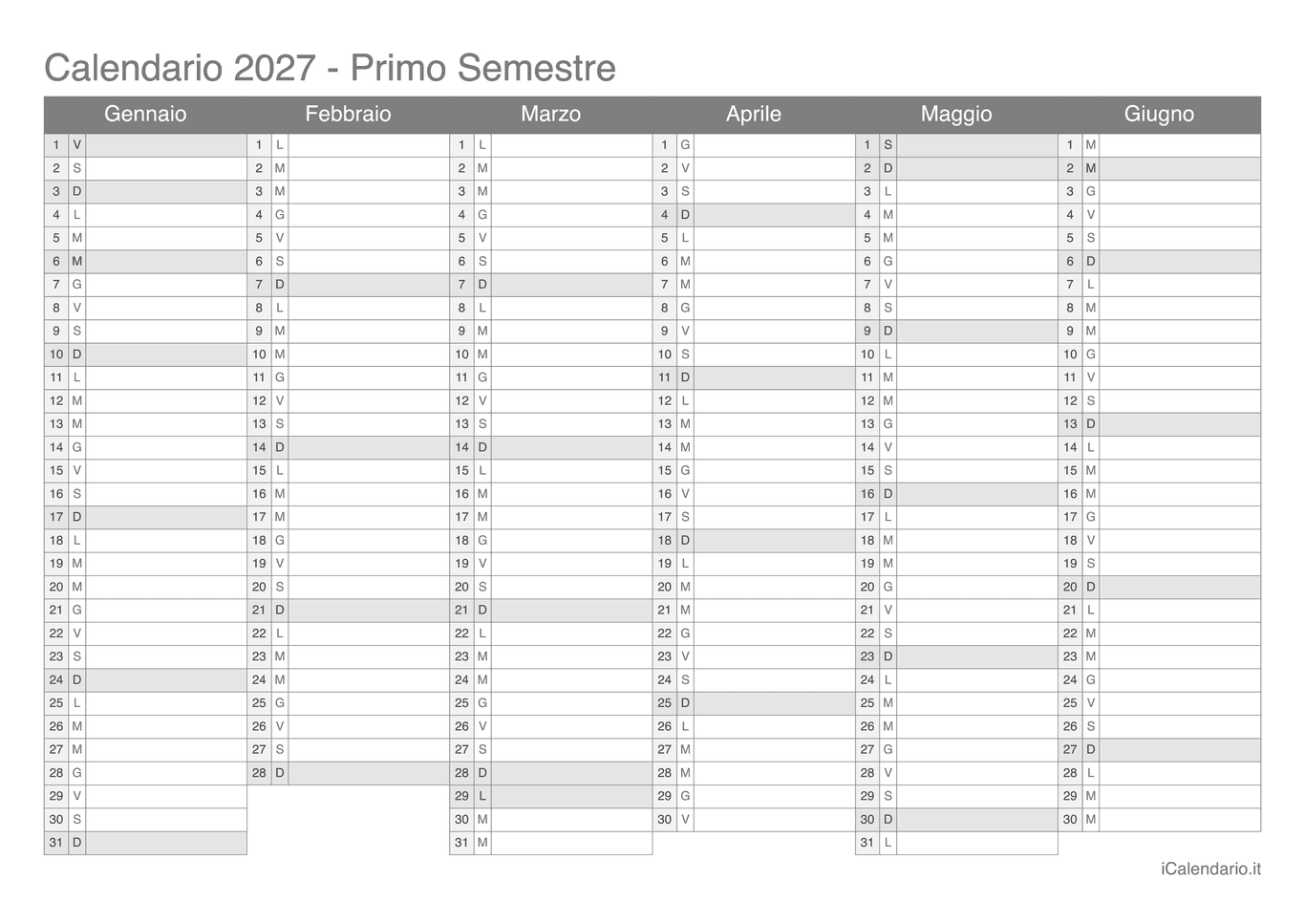 Calendario semestrale 2027