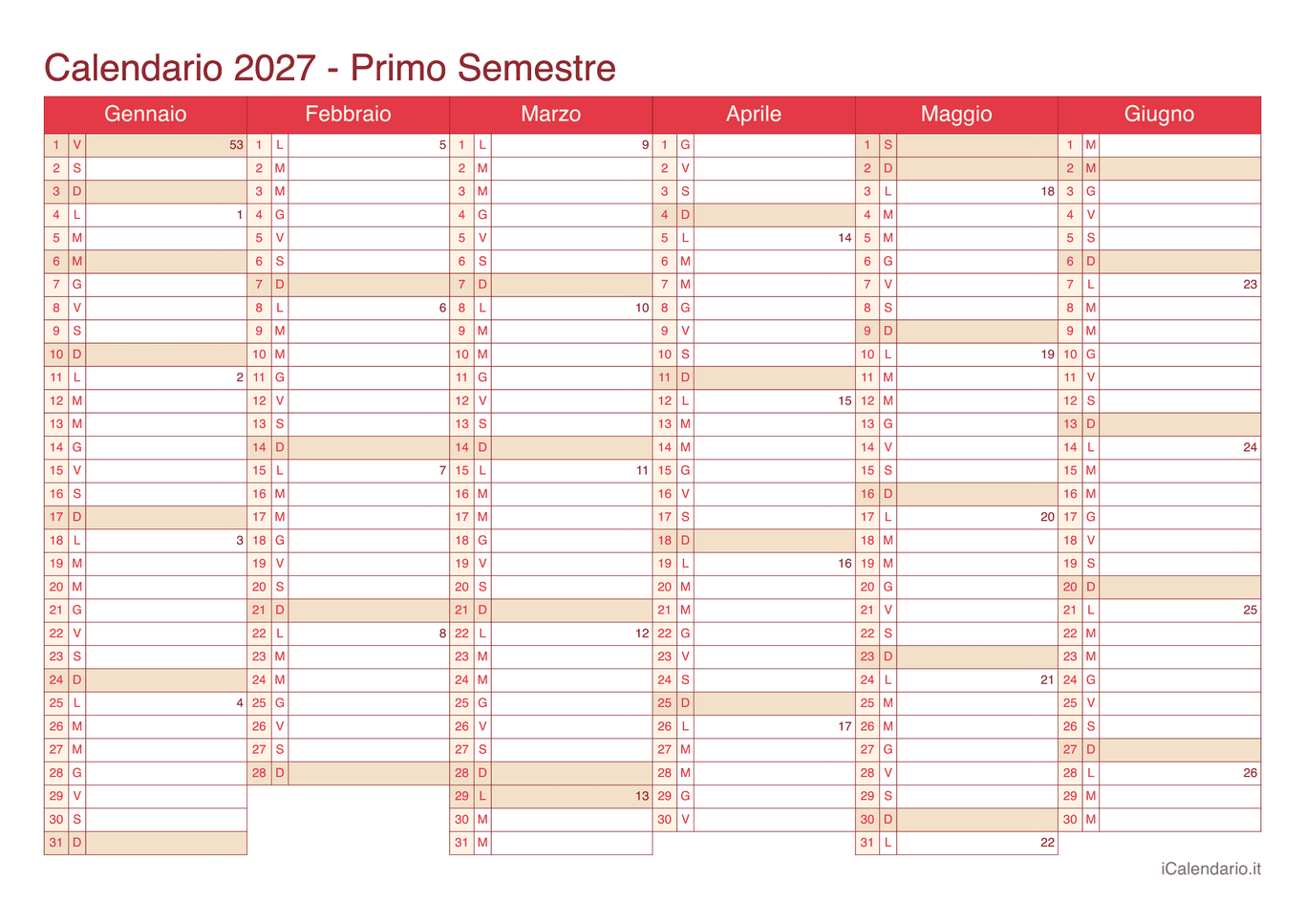 Calendario semestrale con numeri delle settimane 2027 - Cherry