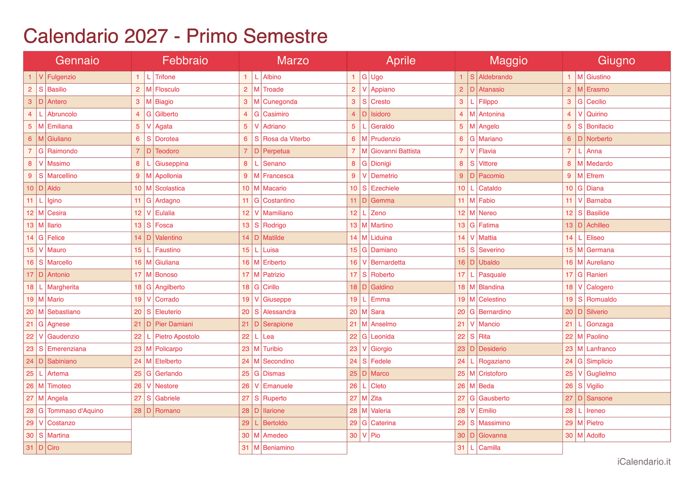 Calendario semestrale 2027 con santi e festivi - Cherry