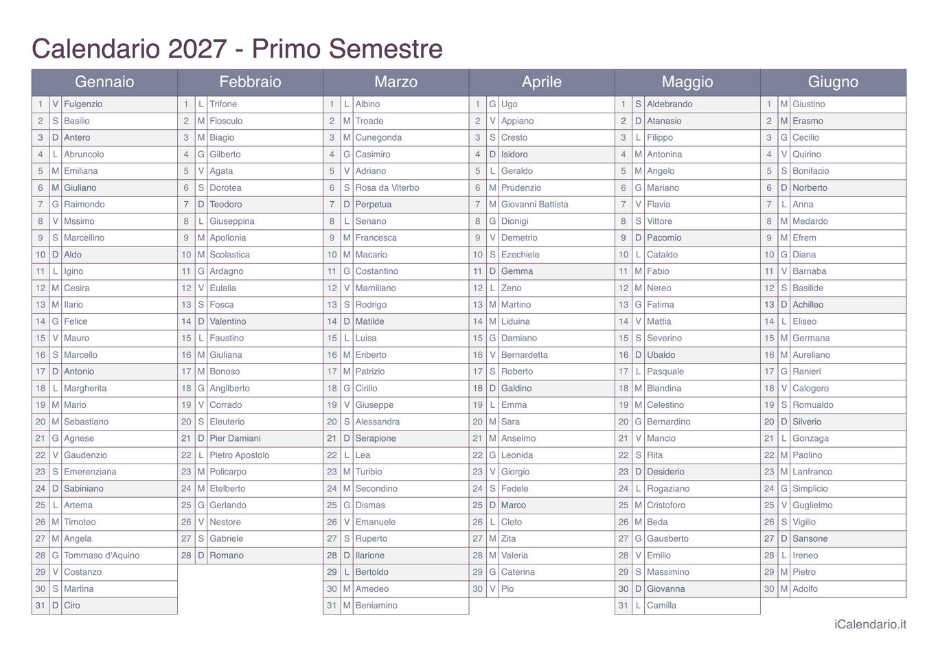 Calendario semestrale 2027 con santi e festivi - Office