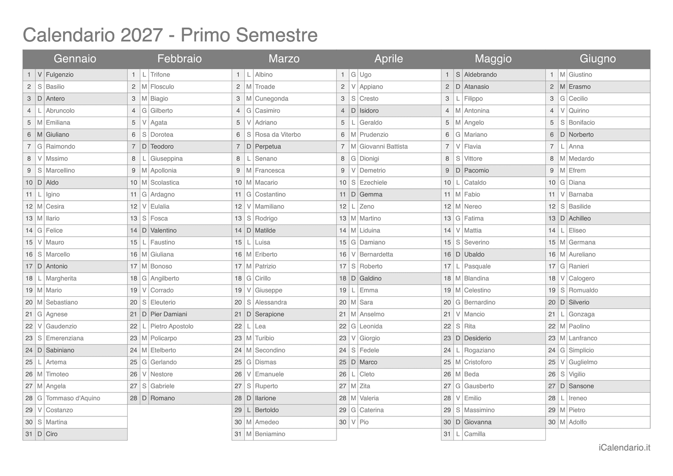 Calendario semestrale 2027 con santi e festivi