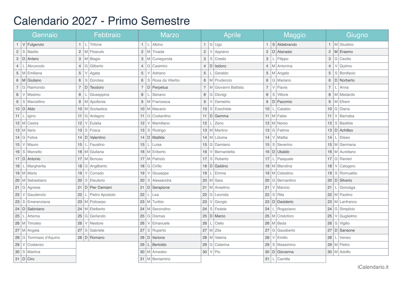 Calendario semestrale 2027 con santi e festivi - Turchese