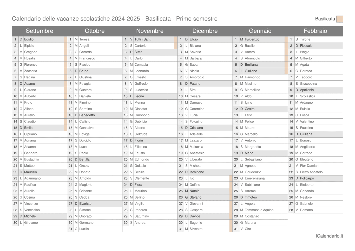Calendario semestrale delle vacanze scolastiche 2024-2025 con santi, Basilicata