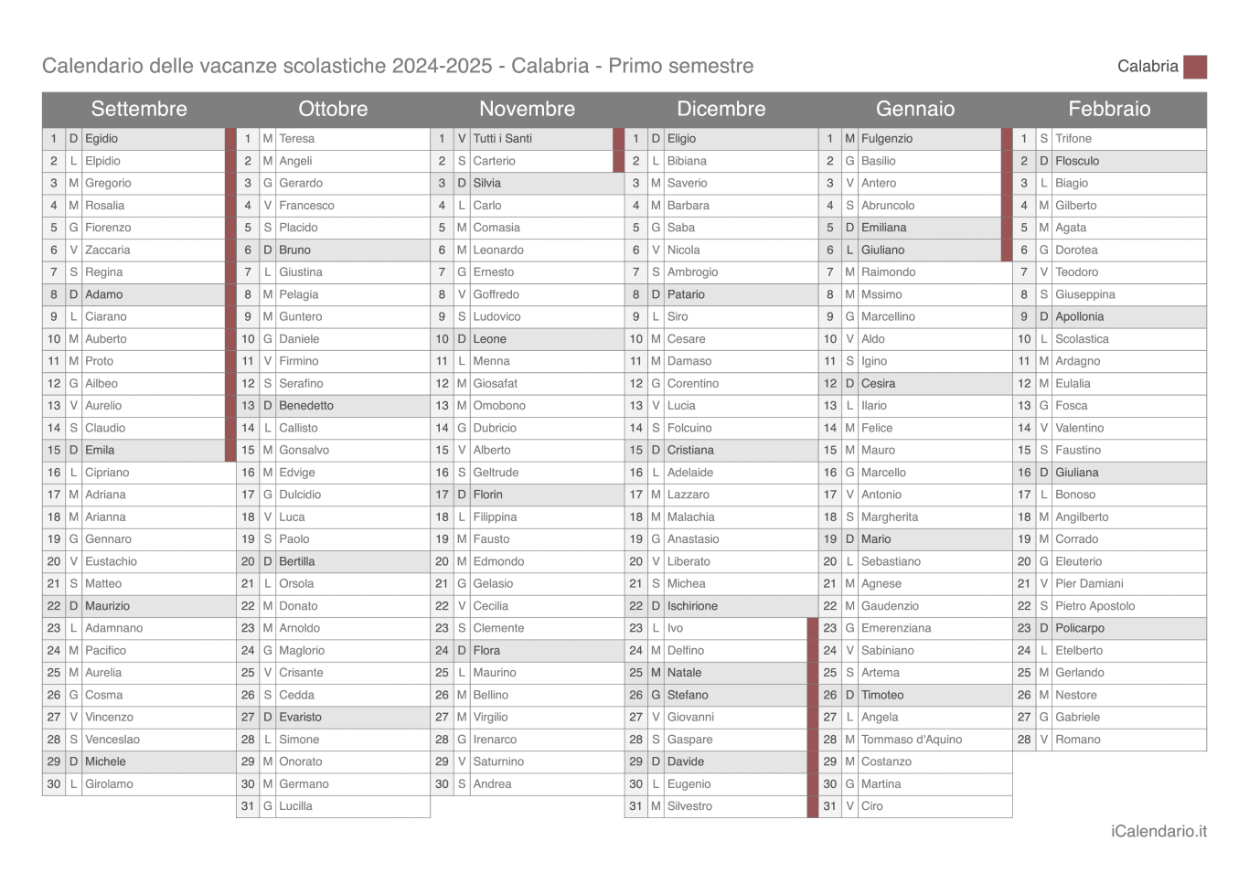 Calendario semestrale delle vacanze scolastiche 2024-2025 con santi, Calabria