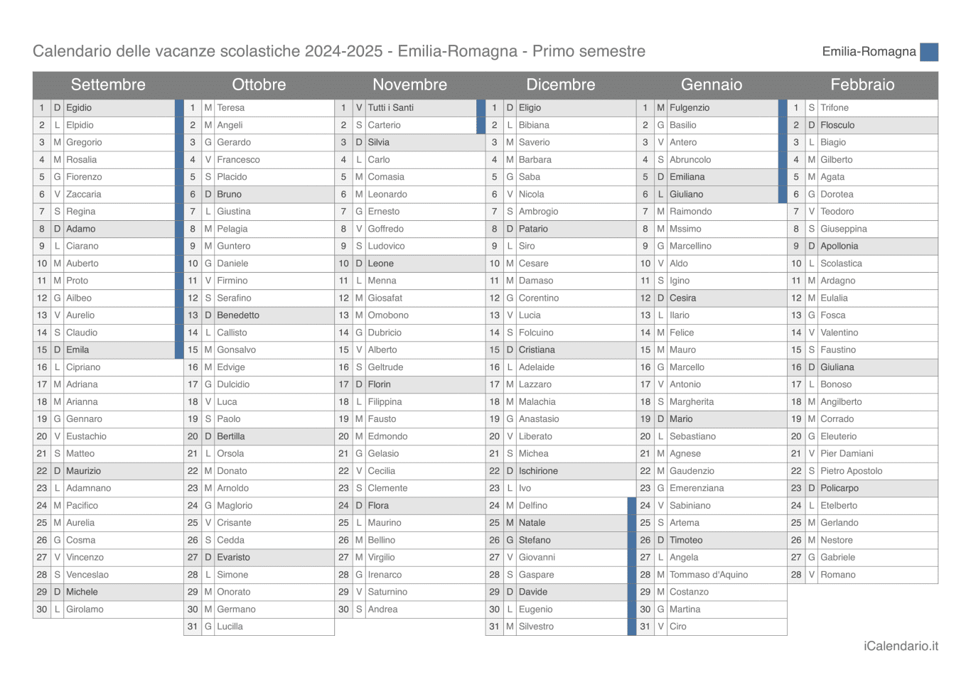 Calendario semestrale delle vacanze scolastiche 2024-2025 con santi, Emilia-Romagna