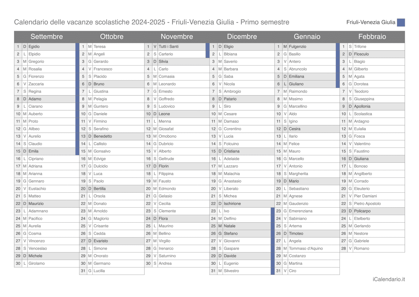 Calendario semestrale delle vacanze scolastiche 2024-2025 con santi, Friuli-Venezia Giulia