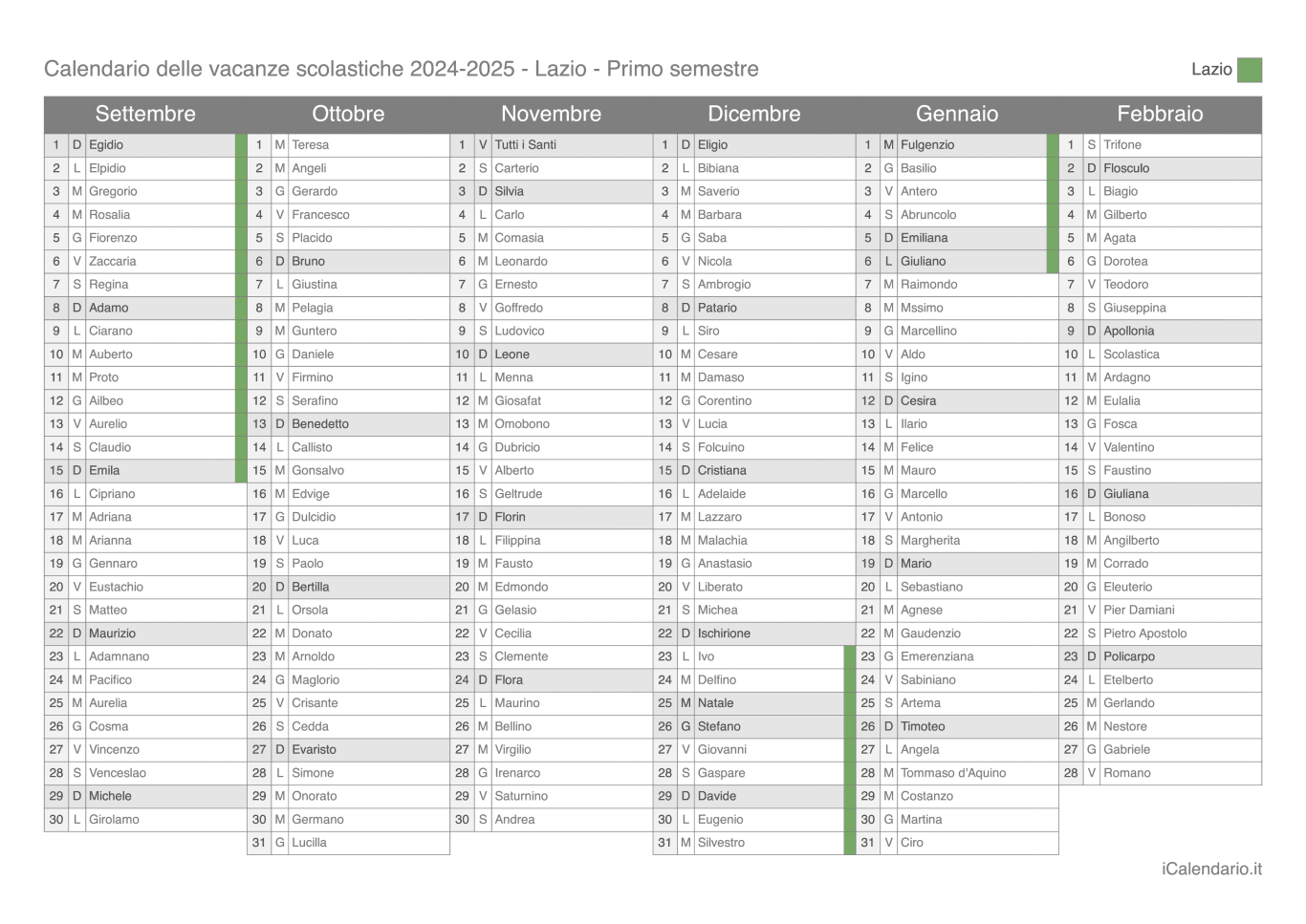 Calendario semestrale delle vacanze scolastiche 2024-2025 con santi, Lazio