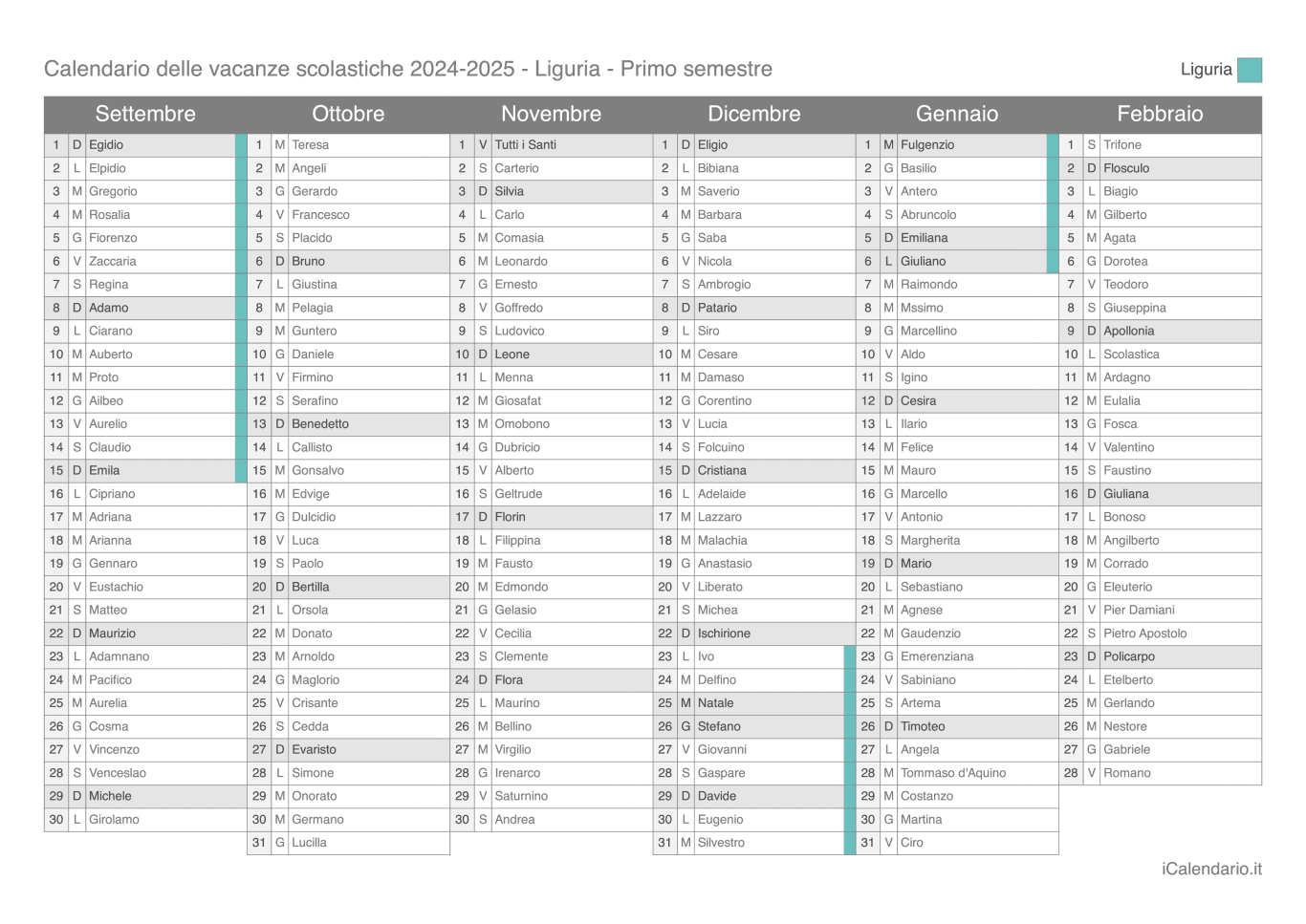 Calendario semestrale delle vacanze scolastiche 2024-2025 con santi, Liguria
