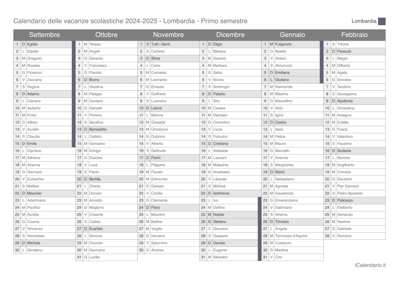Calendario semestrale delle vacanze scolastiche 2024-2025 con santi, Lombardia