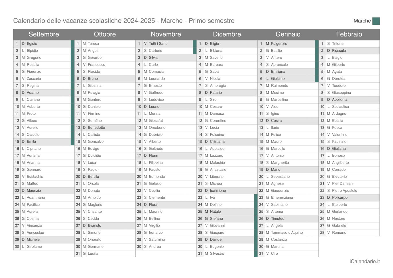 Calendario semestrale delle vacanze scolastiche 2024-2025 con santi, Marche