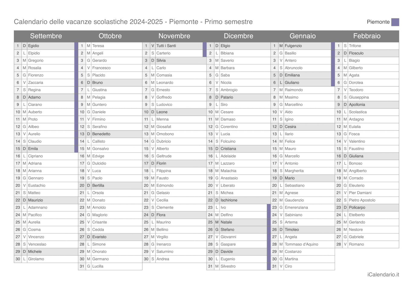 Calendario semestrale delle vacanze scolastiche 2024-2025 con santi, Piemonte