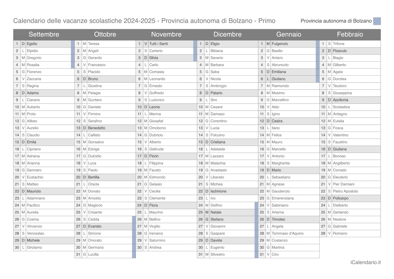 Calendario semestrale delle vacanze scolastiche 2024-2025 con santi, Provincia autonoma di Bolzano