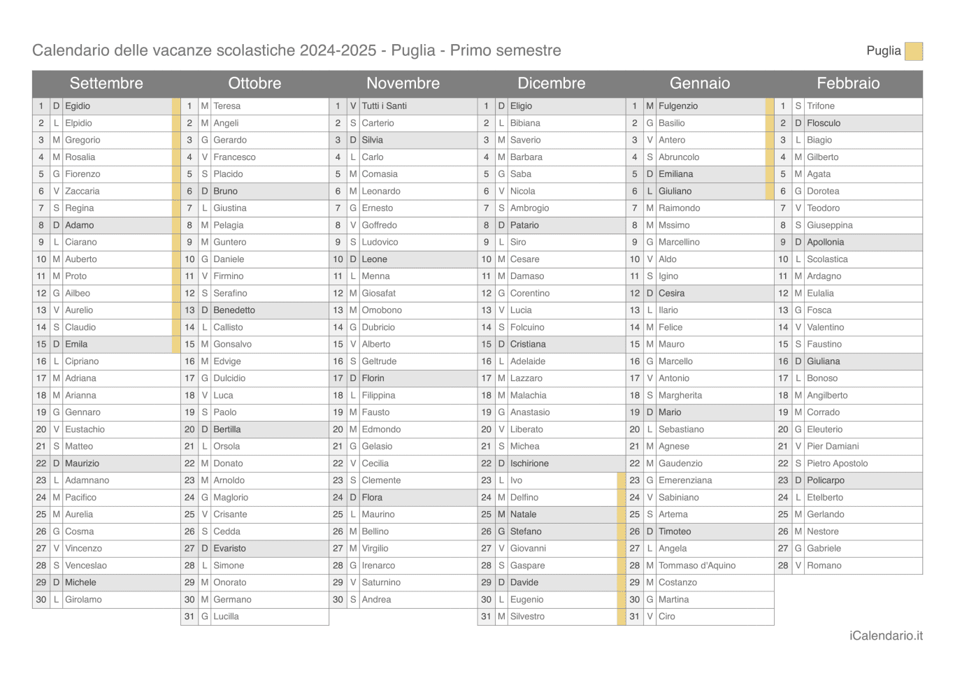 Calendario semestrale delle vacanze scolastiche 2024-2025 con santi, Puglia