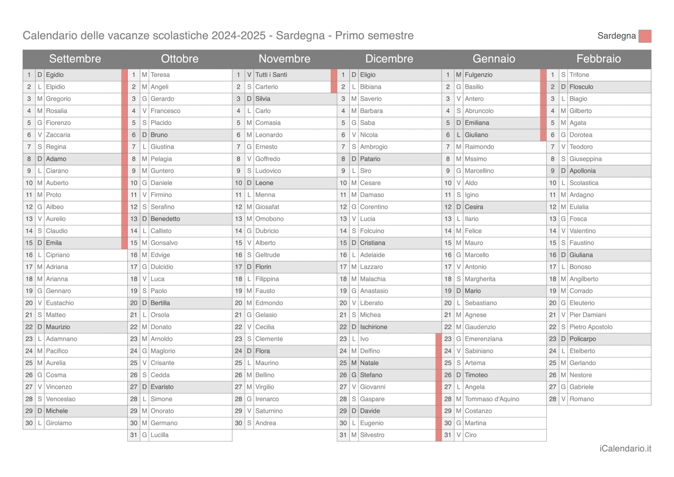 Calendario semestrale delle vacanze scolastiche 2024-2025 con santi, Sardegna