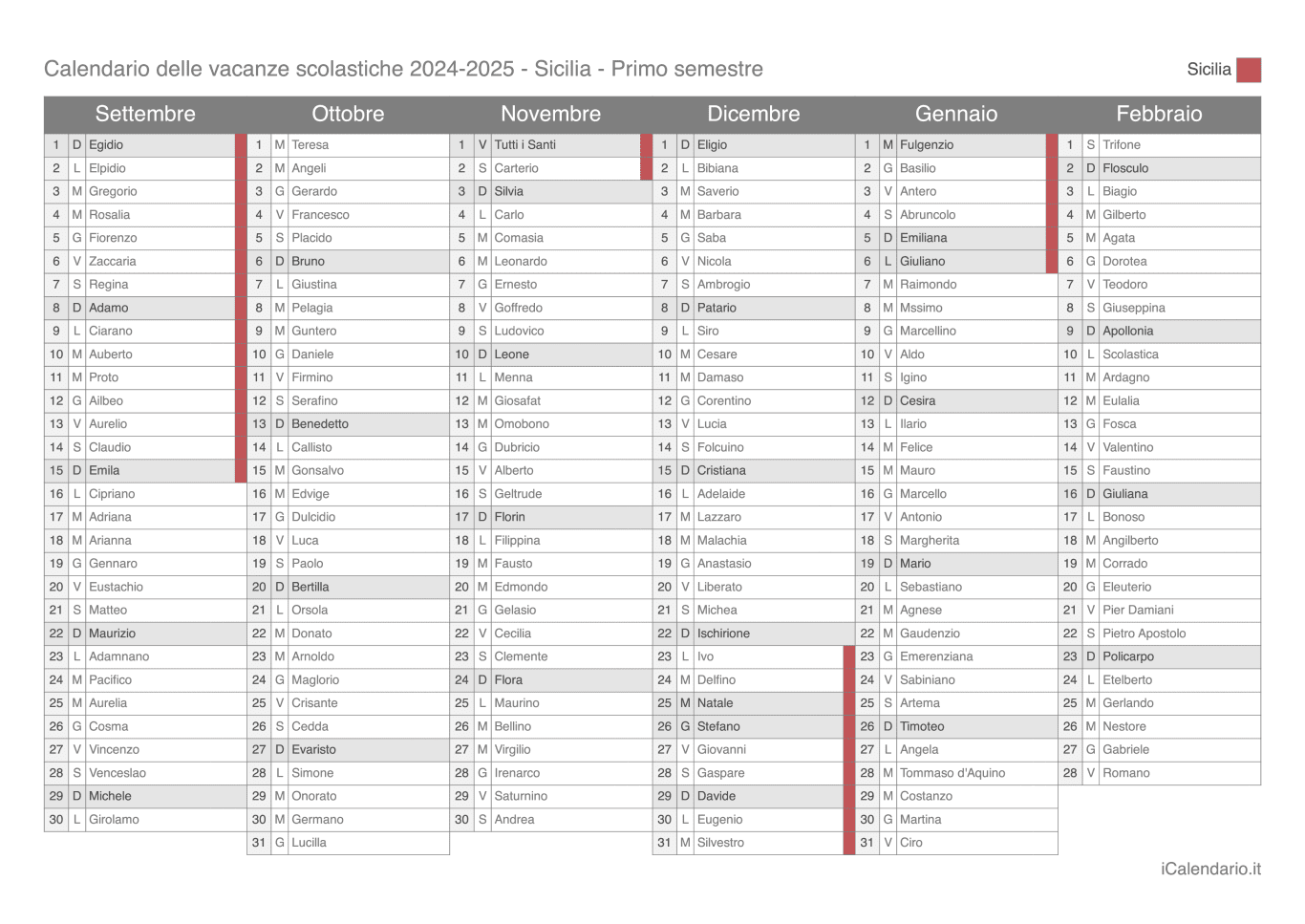 Calendario semestrale delle vacanze scolastiche 2024-2025 con santi, Sicilia