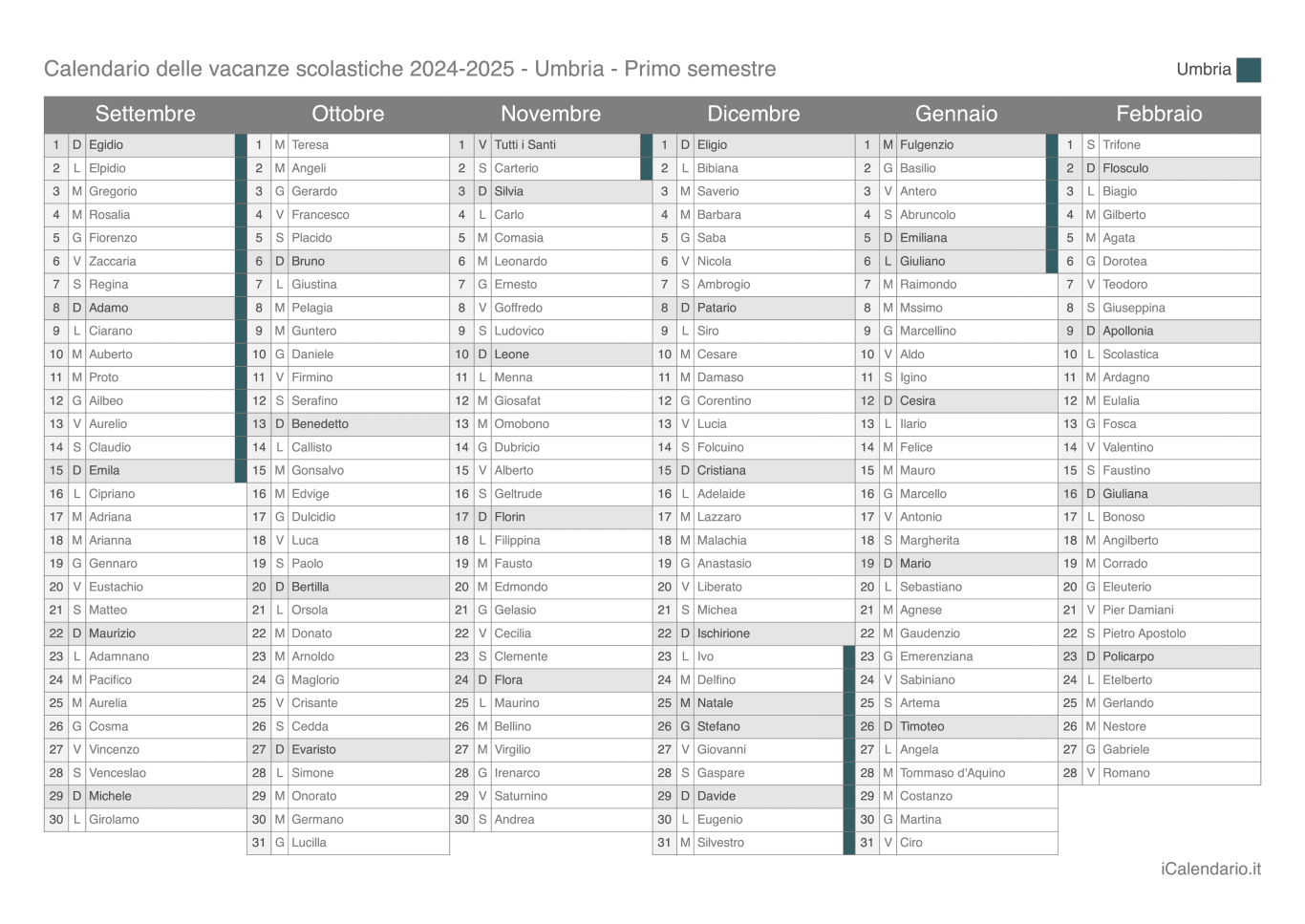 Calendario semestrale delle vacanze scolastiche 2024-2025 con santi, Umbria
