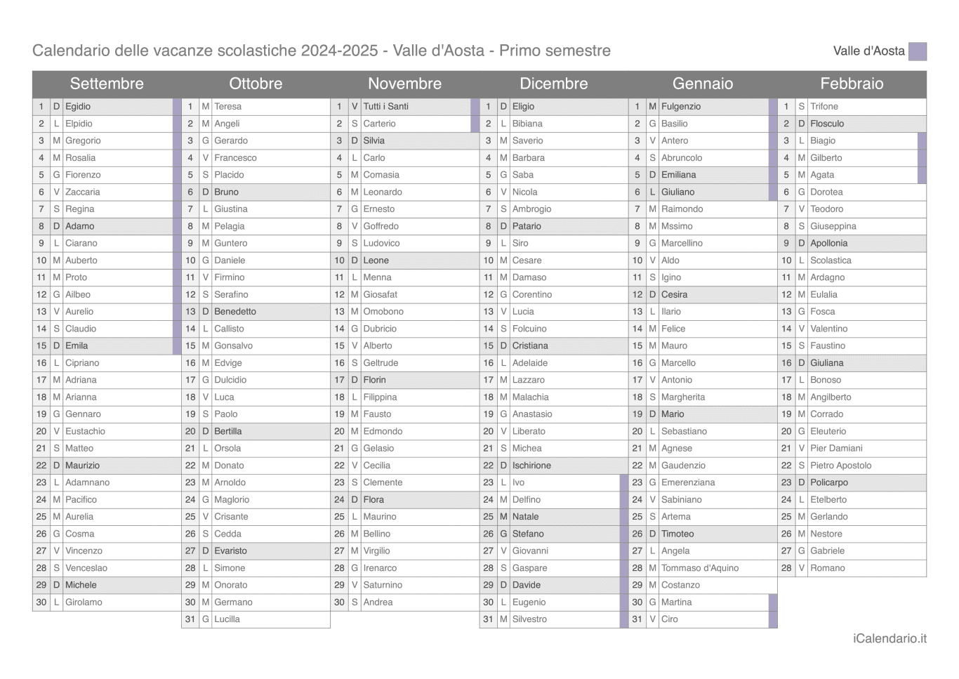 Calendario semestrale delle vacanze scolastiche 2024-2025 con santi, Valle d'Aosta