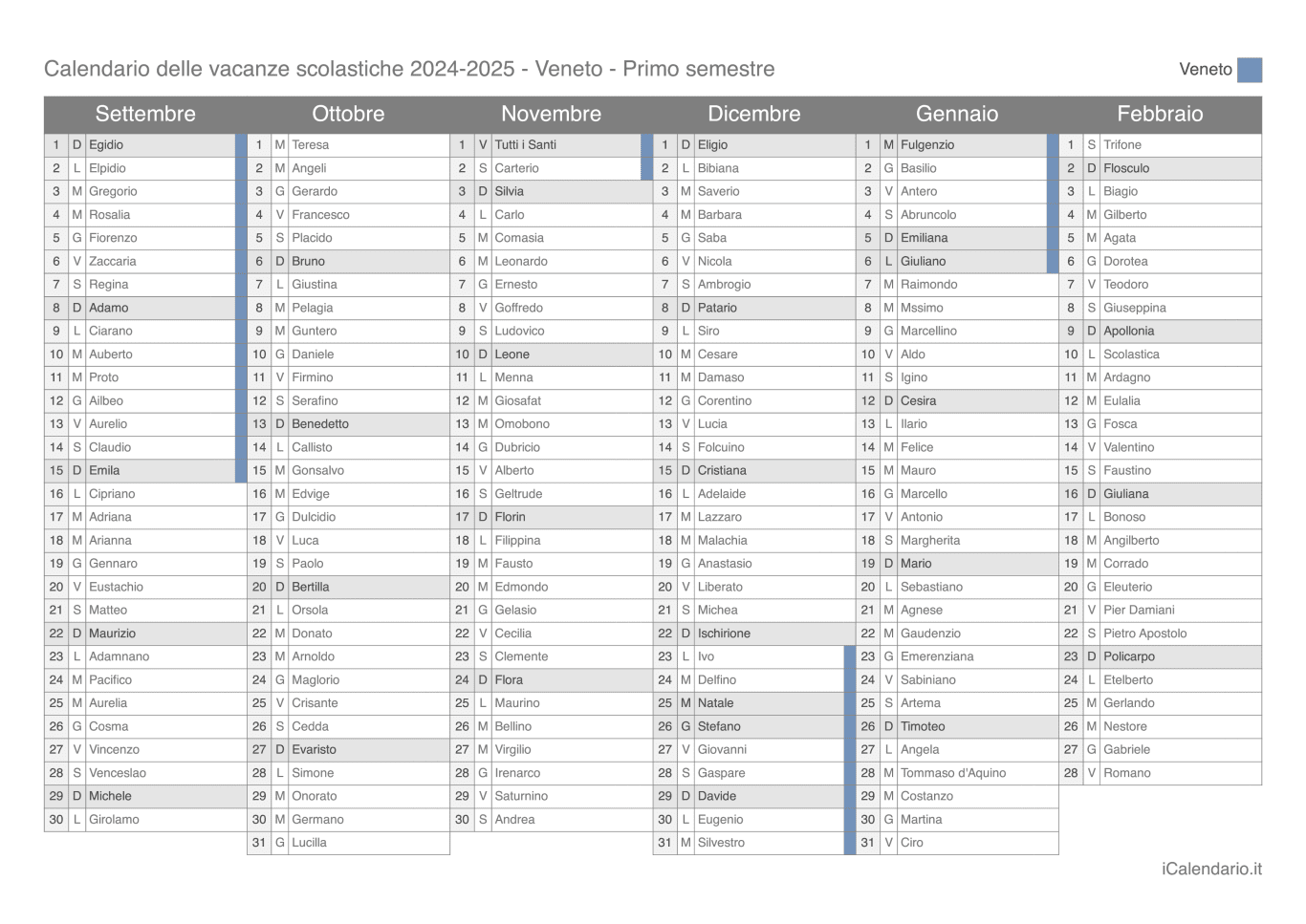 Calendario semestrale delle vacanze scolastiche 2024-2025 con santi, Veneto